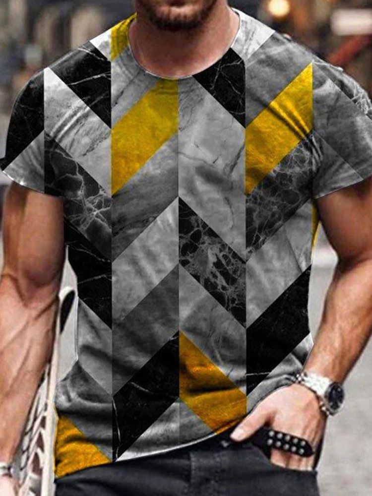 Rundhalsad Färgblocktryck Kortärmad Smal T-Shirt För Män