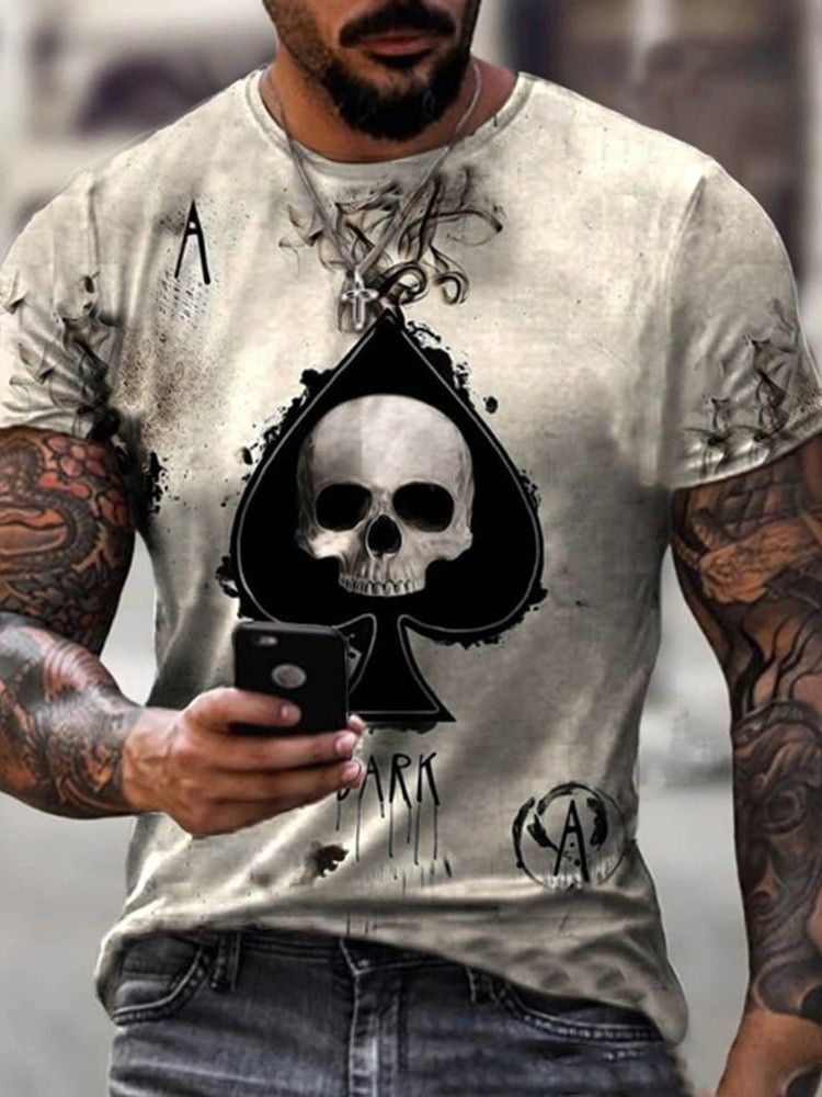 Skull Casual Print Lös Pullover T-Shirt För Män