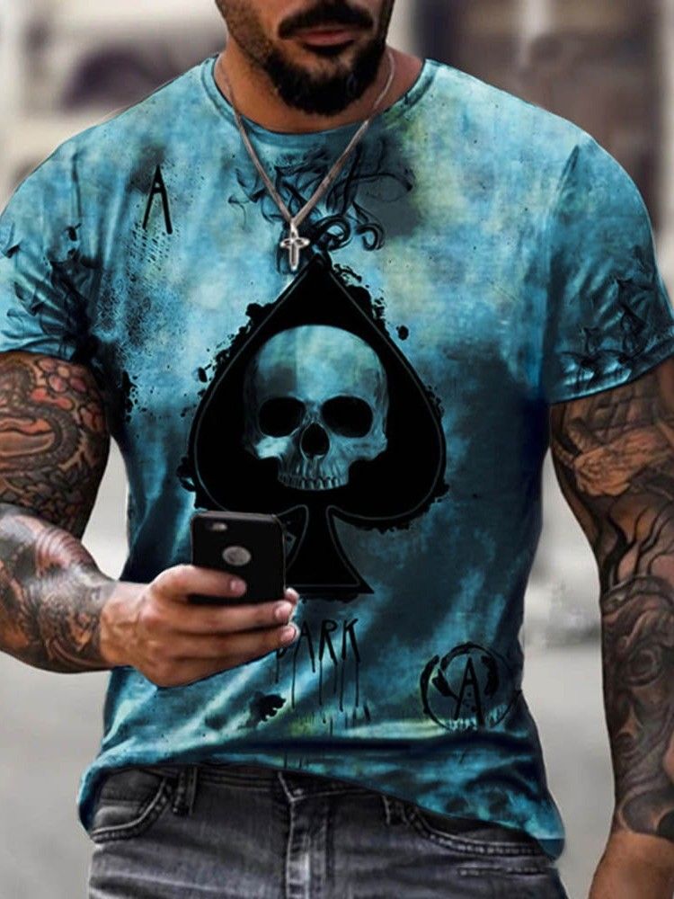 Skull Casual Print Lös Pullover T-Shirt För Män