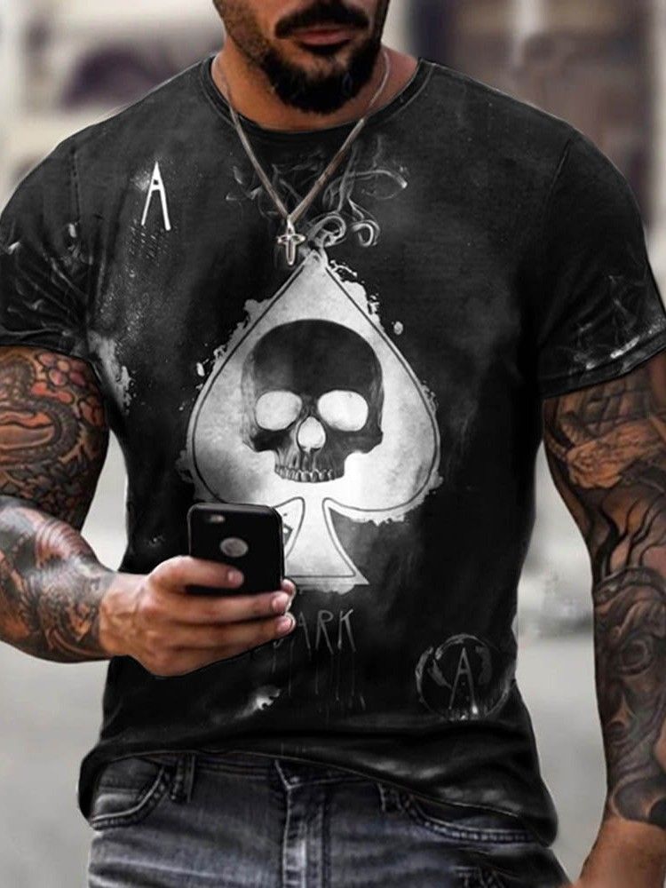 Skull Casual Print Lös Pullover T-Shirt För Män
