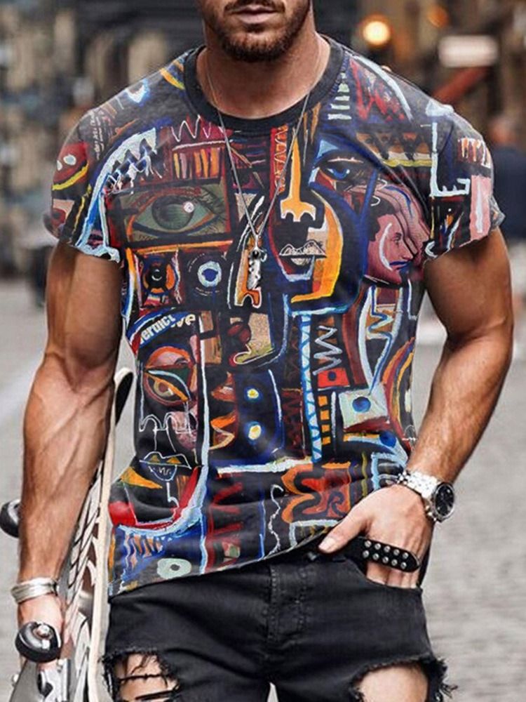 Tryck Rund Hals Kortärmad Slim T-Shirt För Män