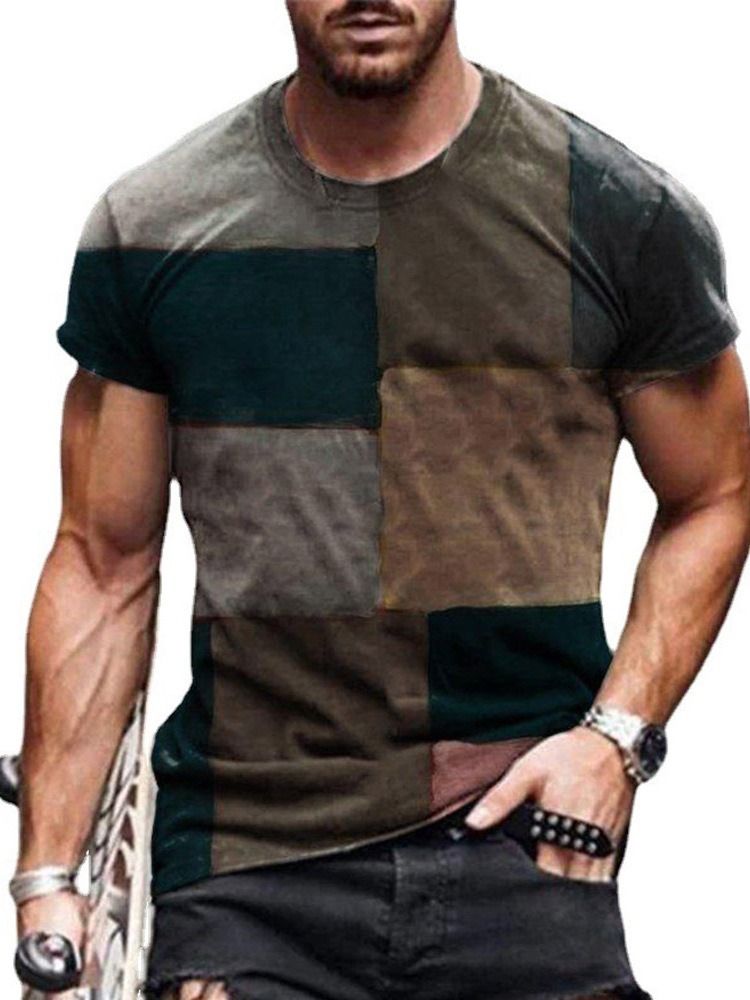 Tryck Rutig Casual Slim Kortärmad T-Shirt För Män