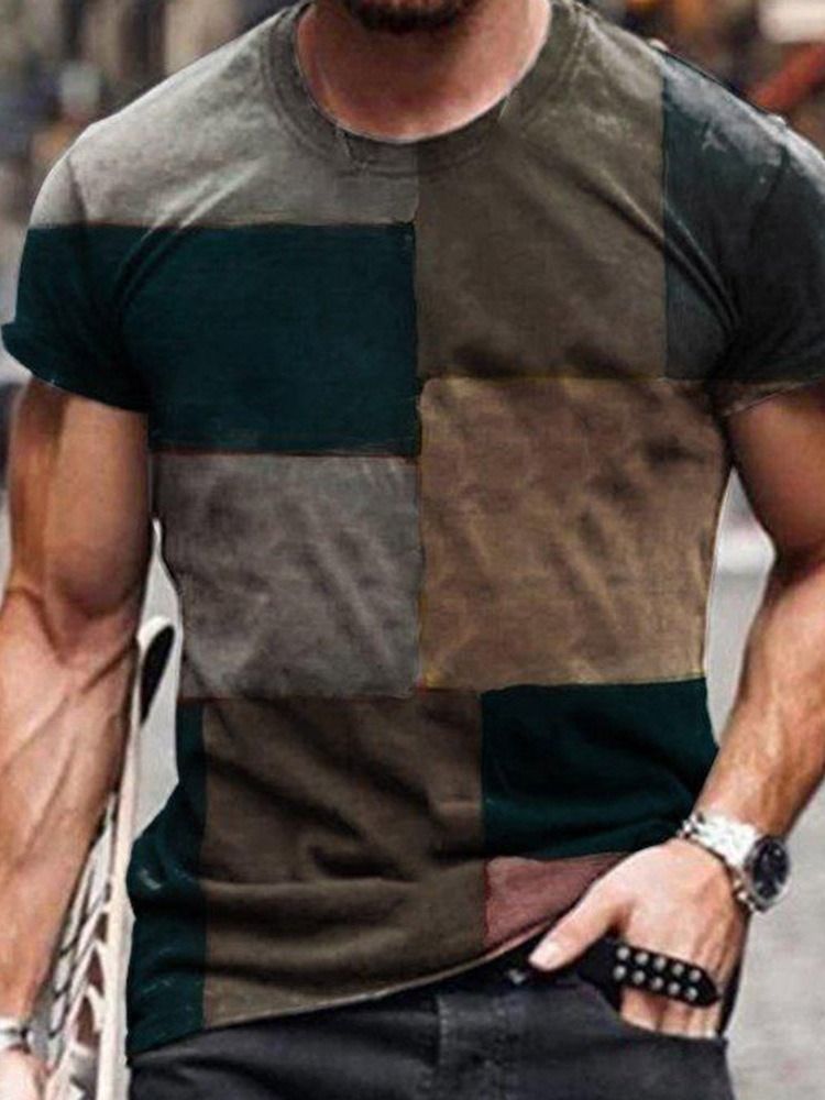 Tryck Rutig Casual Slim Kortärmad T-Shirt För Män