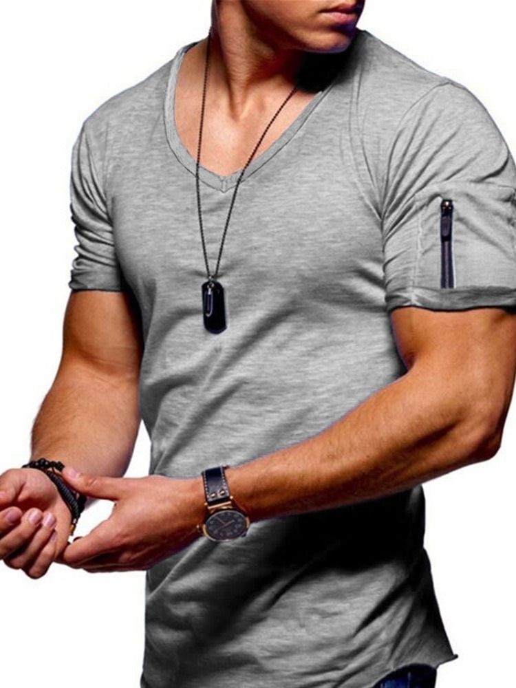 V-Halsad Enkel Dragkedja För Män Lös T-Shirt