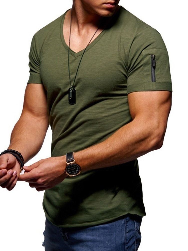 V-Halsad Enkel Dragkedja För Män Lös T-Shirt