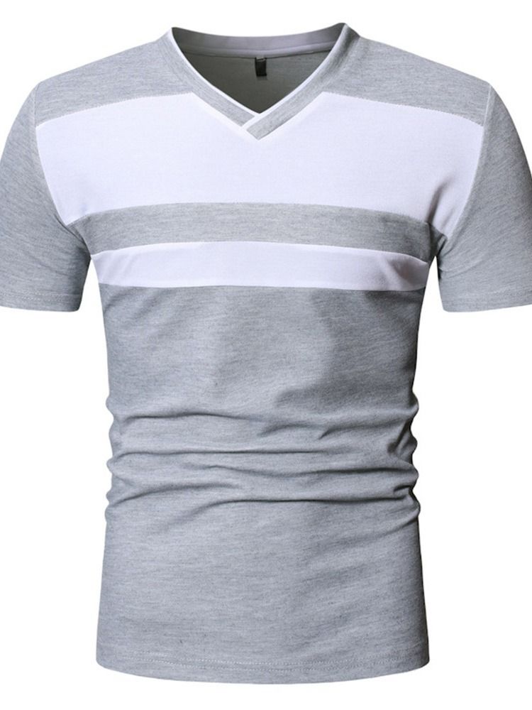 V-Ringad Färgblock Casual Kortärmad Smal T-Shirt För Män