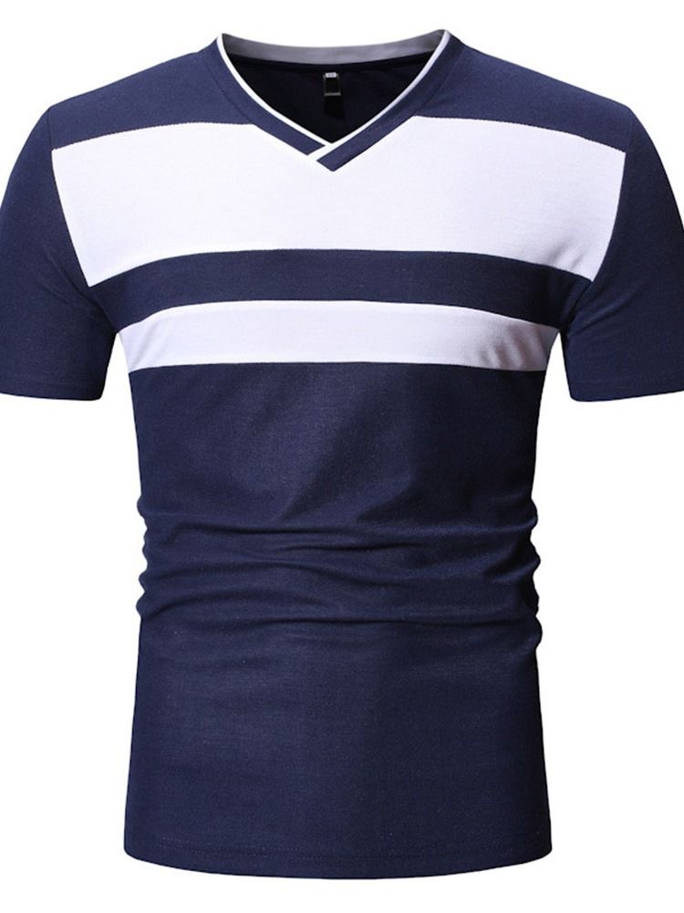 V-Ringad Färgblock Casual Kortärmad Smal T-Shirt För Män