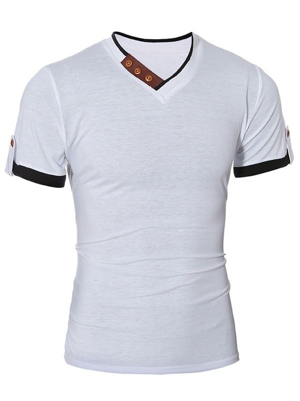 V-Ringad Patchwork Kortärmad T-Shirt För Män