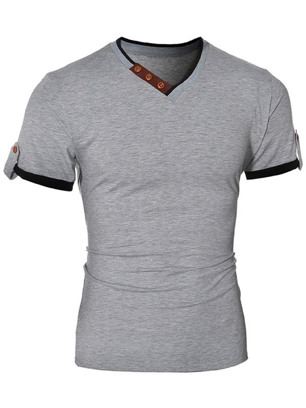 V-Ringad Patchwork Kortärmad T-Shirt För Män
