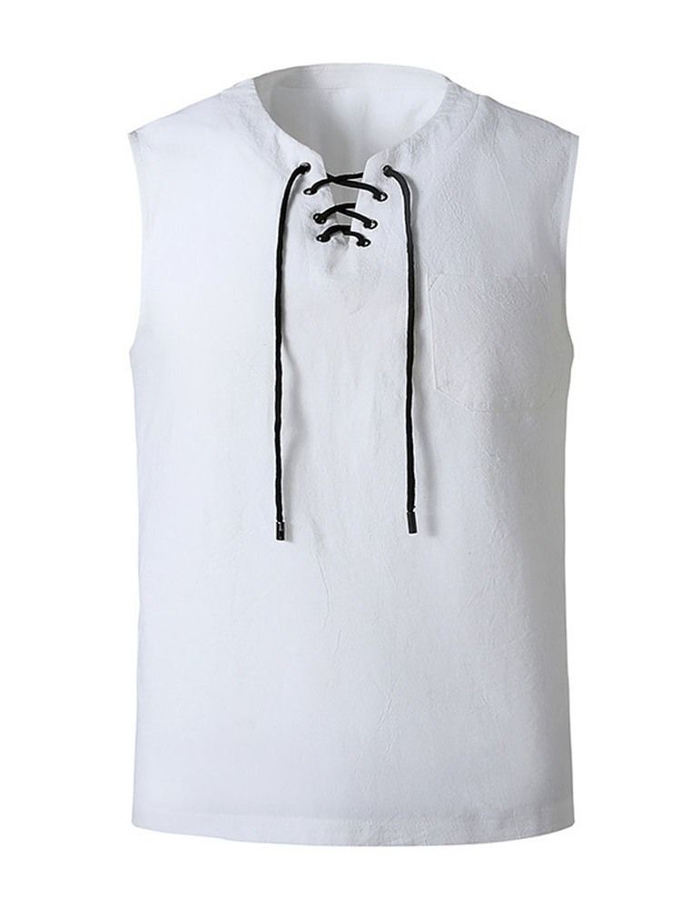 Vanlig V-Ringad Spets Rak Ärmlös T-Shirt För Kvinnor