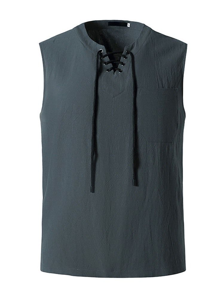 Vanlig V-Ringad Spets Rak Ärmlös T-Shirt För Kvinnor