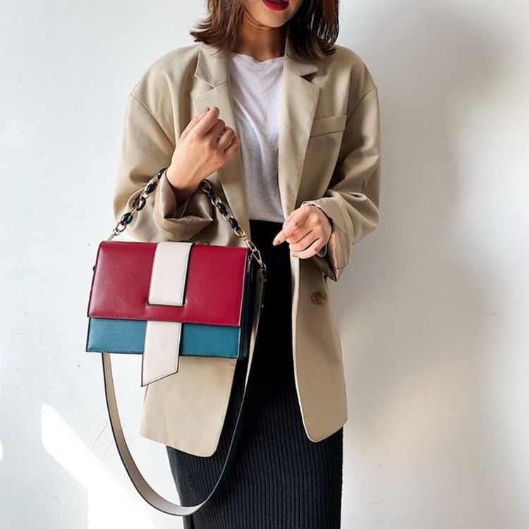 Pu Color Block Casual Rektangulära Tygväskor