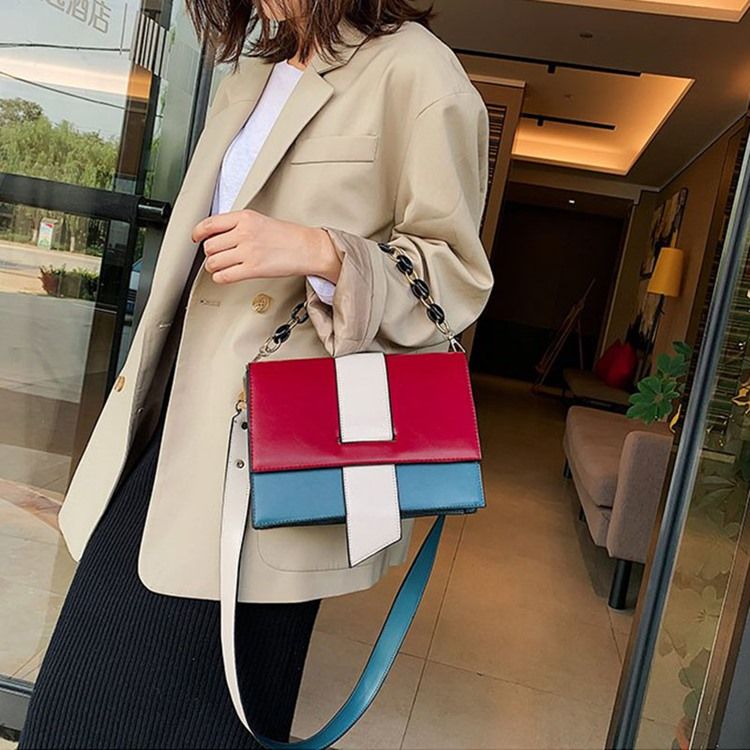 Pu Color Block Casual Rektangulära Tygväskor
