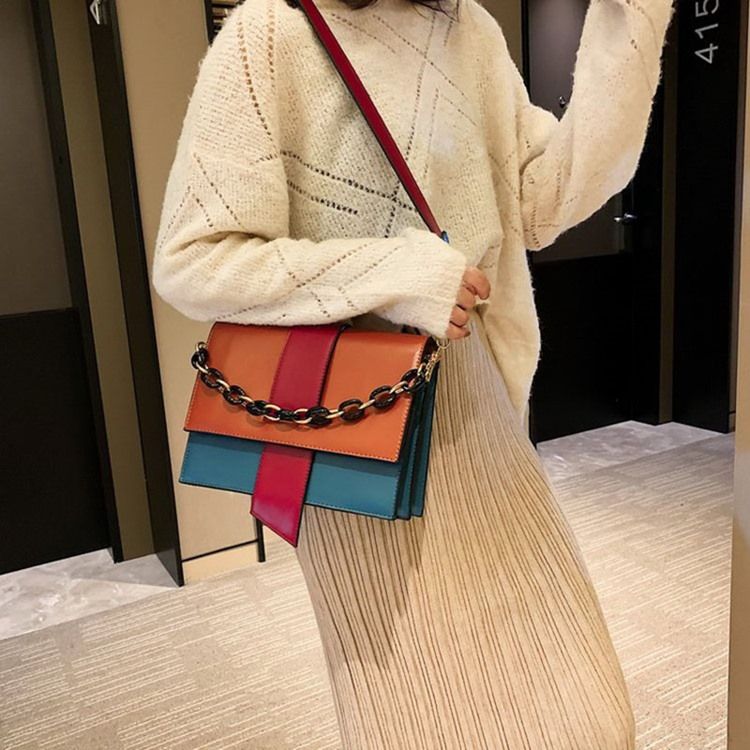 Pu Color Block Casual Rektangulära Tygväskor