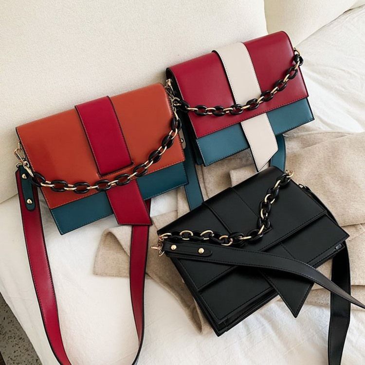 Pu Color Block Casual Rektangulära Tygväskor