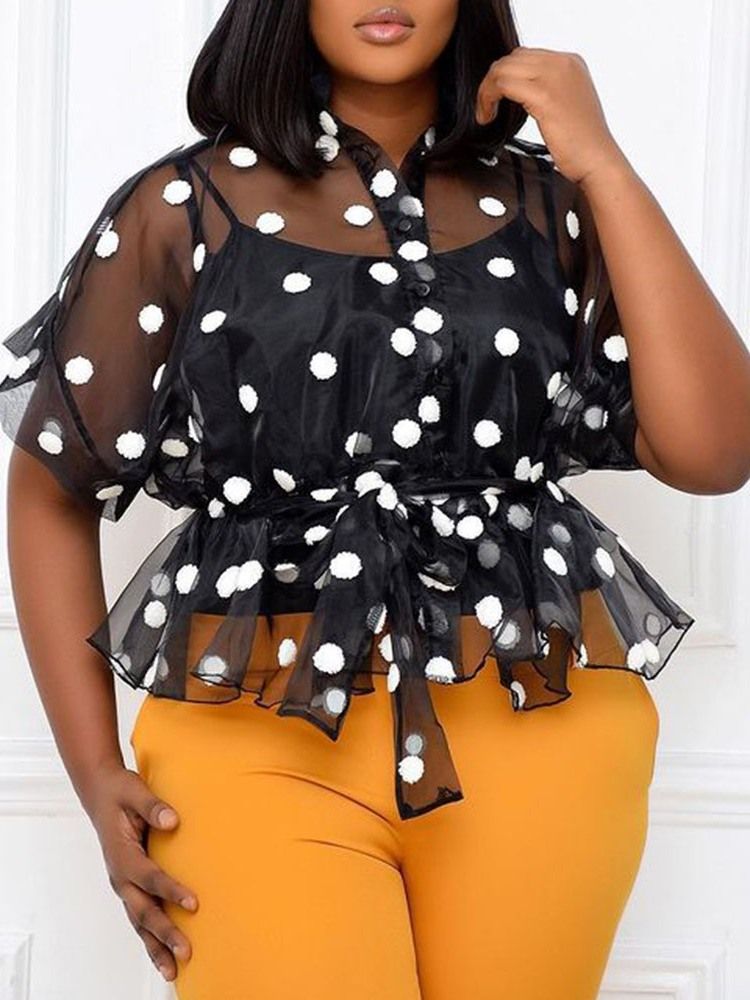 Polka Dots Stativ Krage Genomskinlig Dam Standard Kortärmad Blus
