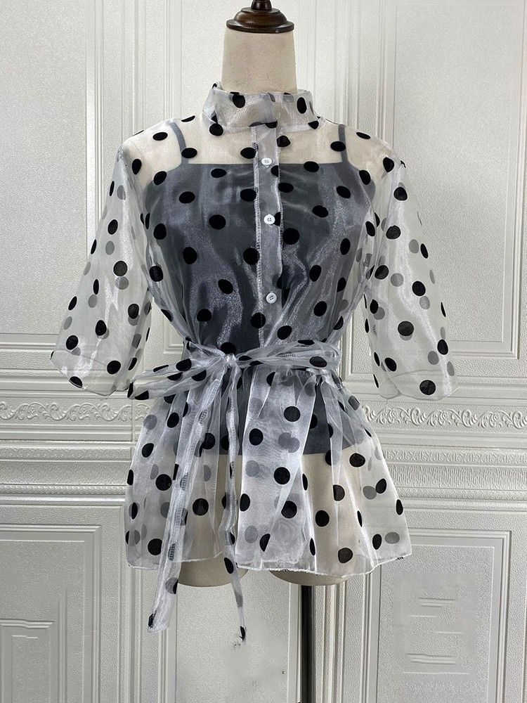 Polka Dots Stativ Krage Genomskinlig Dam Standard Kortärmad Blus