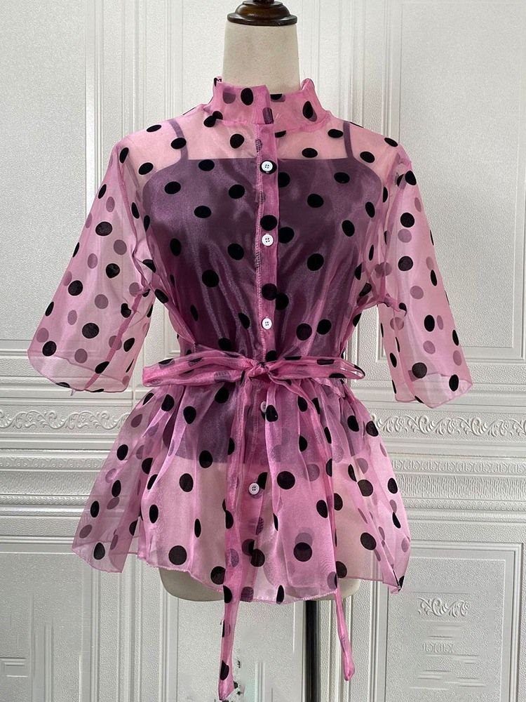 Polka Dots Stativ Krage Genomskinlig Dam Standard Kortärmad Blus