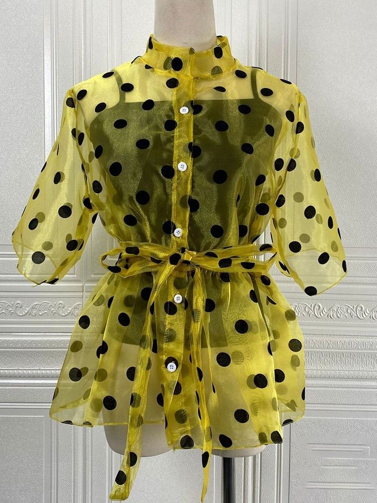 Polka Dots Stativ Krage Genomskinlig Dam Standard Kortärmad Blus