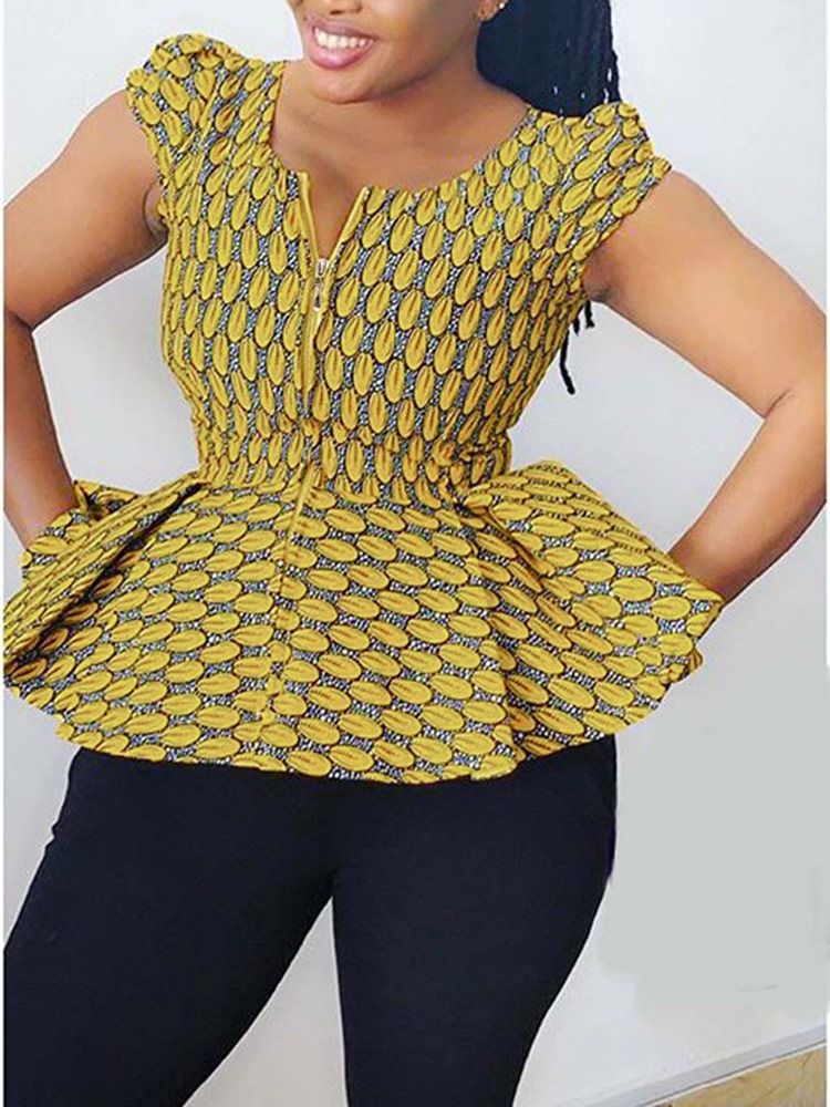 Print Geometrisk V-Ringad Dragkedja Med Kort Ärm Slimmad Blus