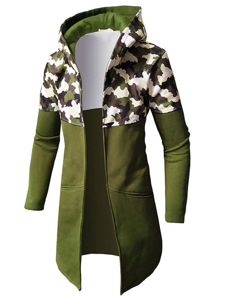 Camouflage Patchwork Slim Mellanlång Huva Trenchcoat För Män