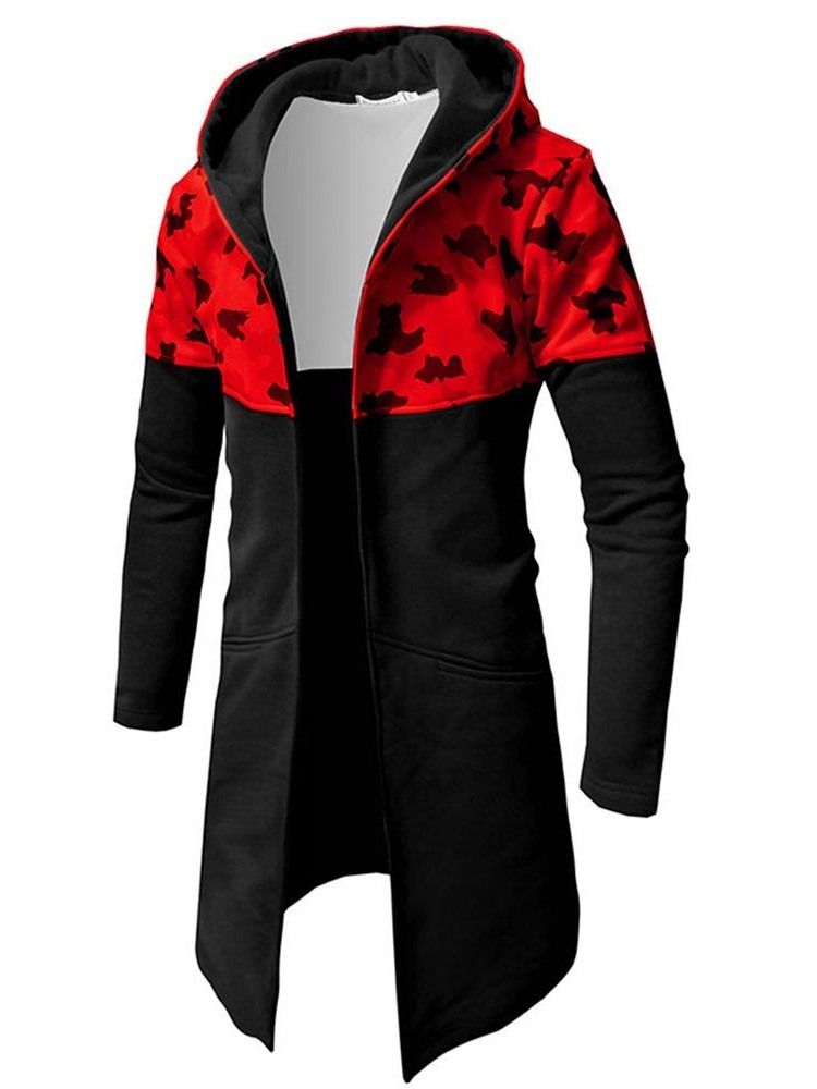 Camouflage Patchwork Slim Mellanlång Huva Trenchcoat För Män