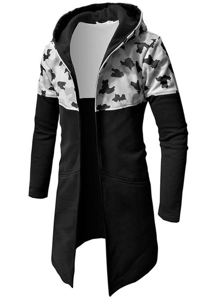 Camouflage Patchwork Slim Mellanlång Huva Trenchcoat För Män
