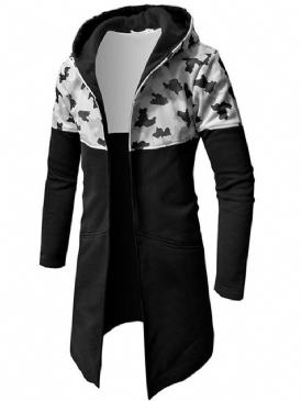 Camouflage Patchwork Slim Mellanlång Huva Trenchcoat För Män