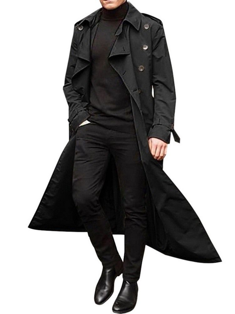 Lång Stil Knapp Vanlig Lös Europeisk Trenchcoat För Män
