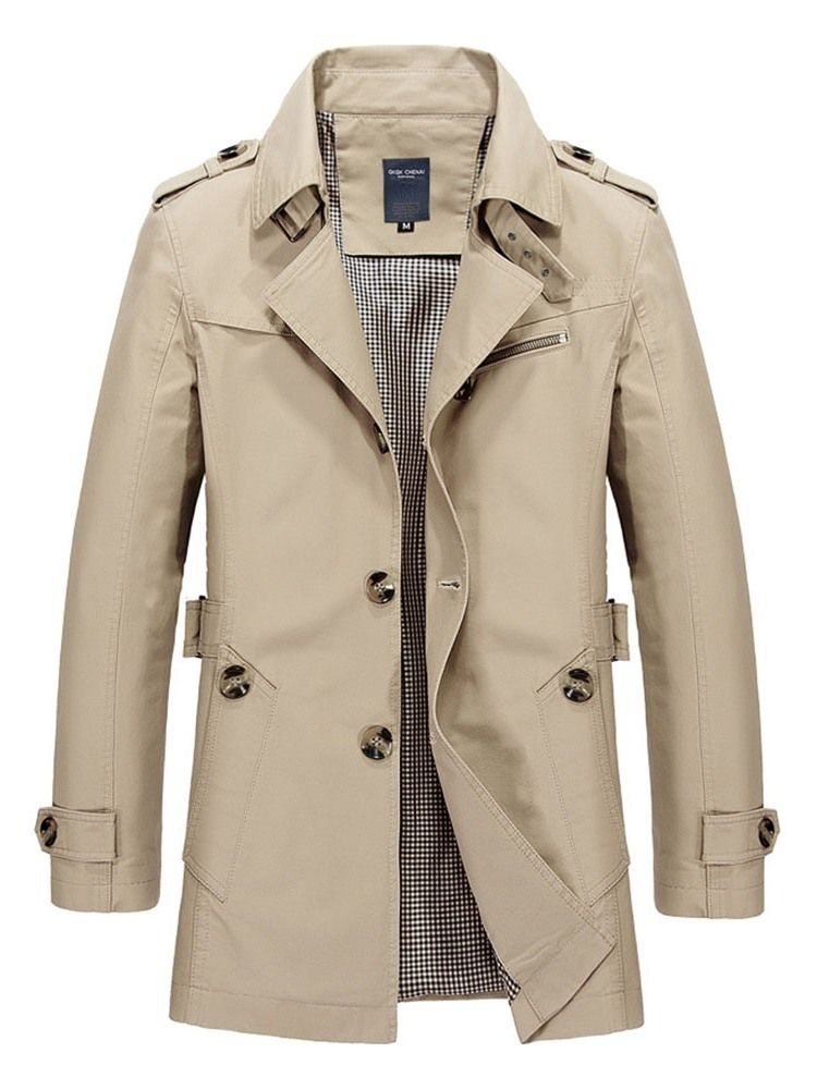 Lapel Medellång Slät Enkel Trenchcoat För Män