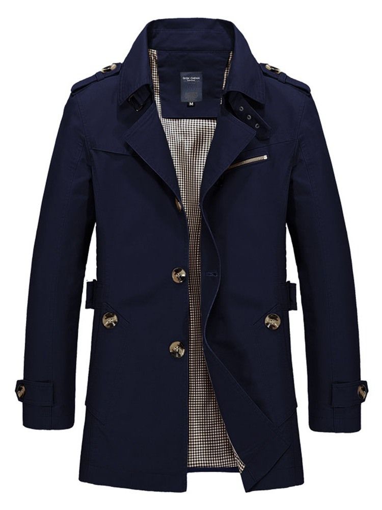 Lapel Medellång Slät Enkel Trenchcoat För Män