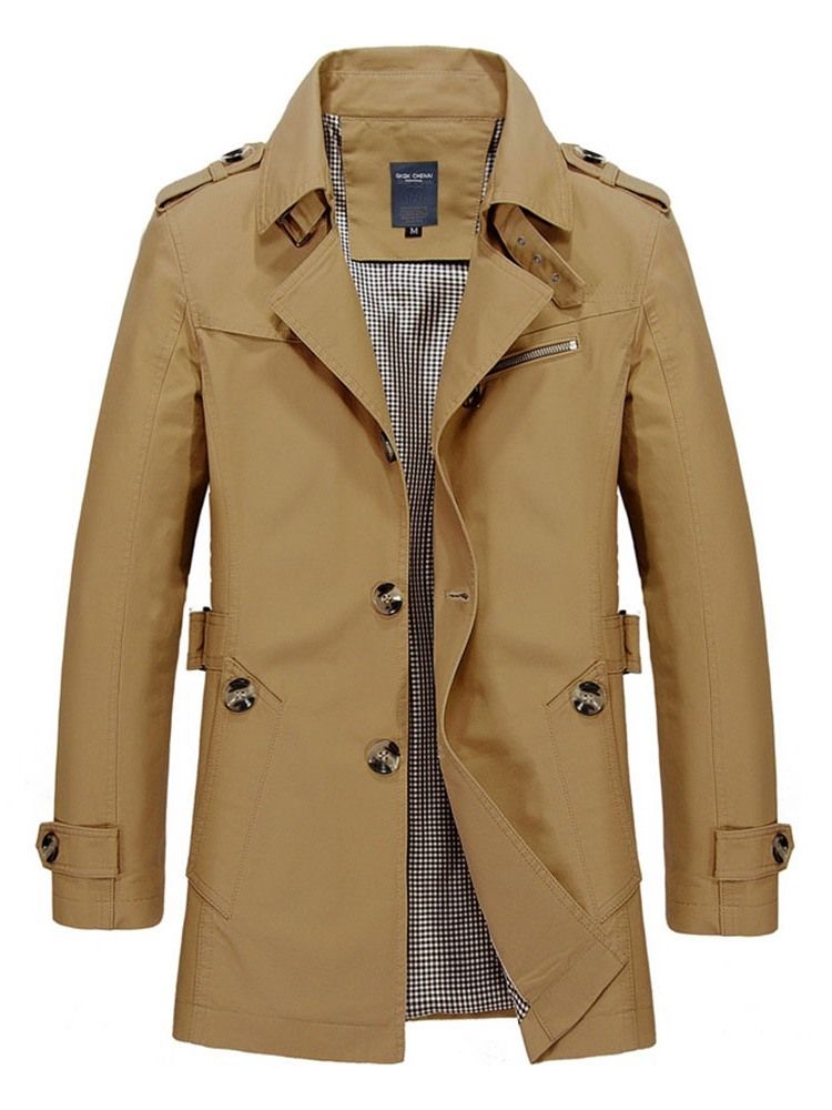 Lapel Medellång Slät Enkel Trenchcoat För Män