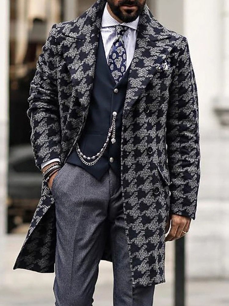 Medellånga Houndstooth Dubbelknäppt Herrkappa