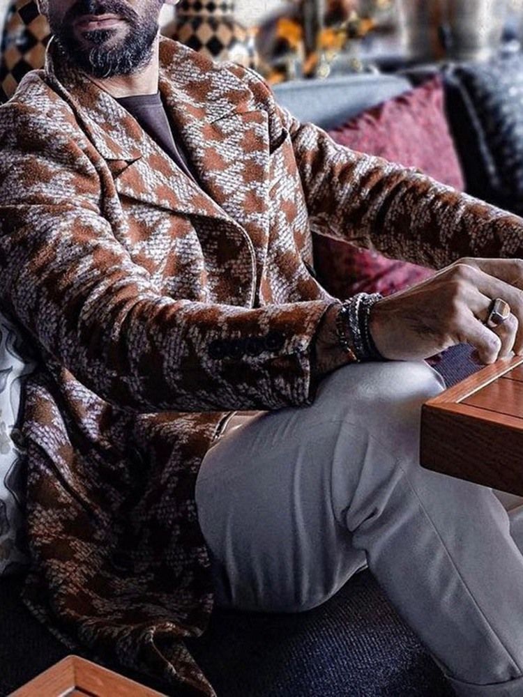 Medellånga Houndstooth Dubbelknäppt Herrkappa