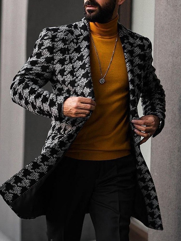 Medellånga Houndstooth Dubbelknäppt Herrkappa