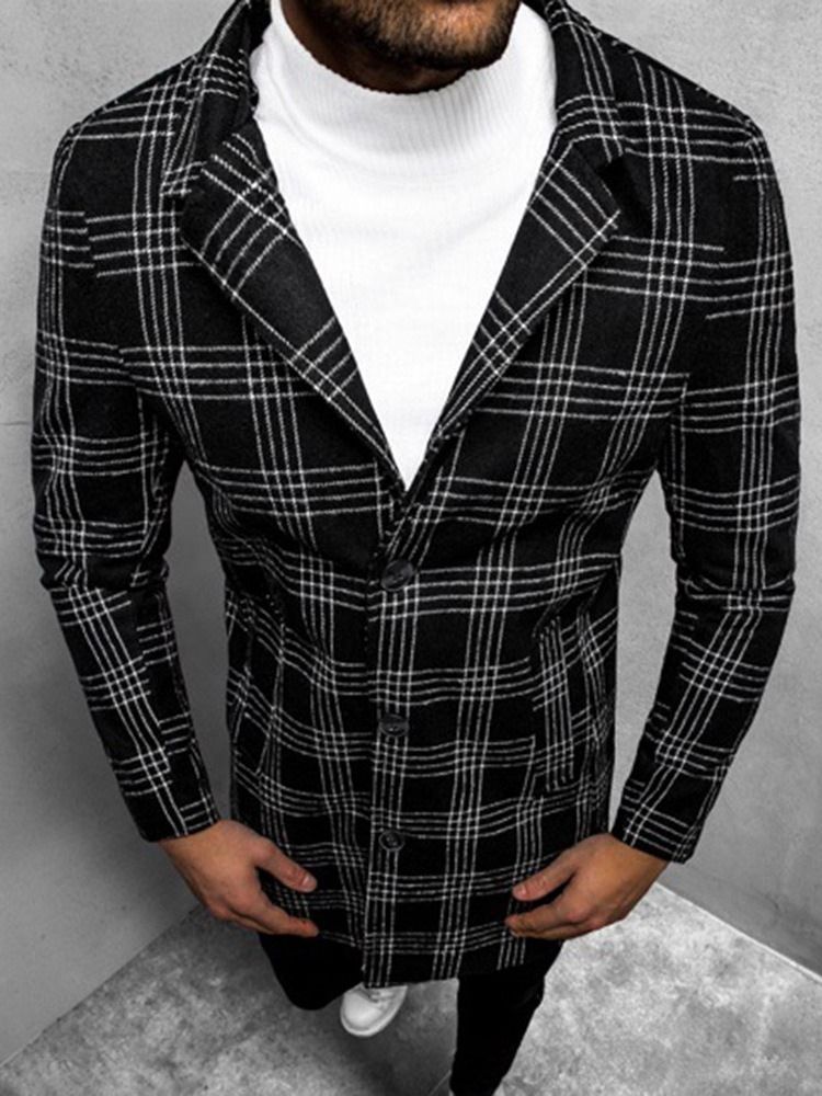 Mellanlångt Lapel Plädad Koreansk Smal Kappa