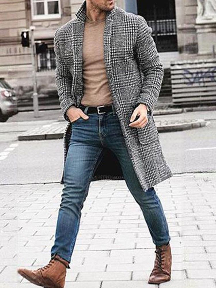 Rutig Medellångt Skårad Lapel European Slim Coat