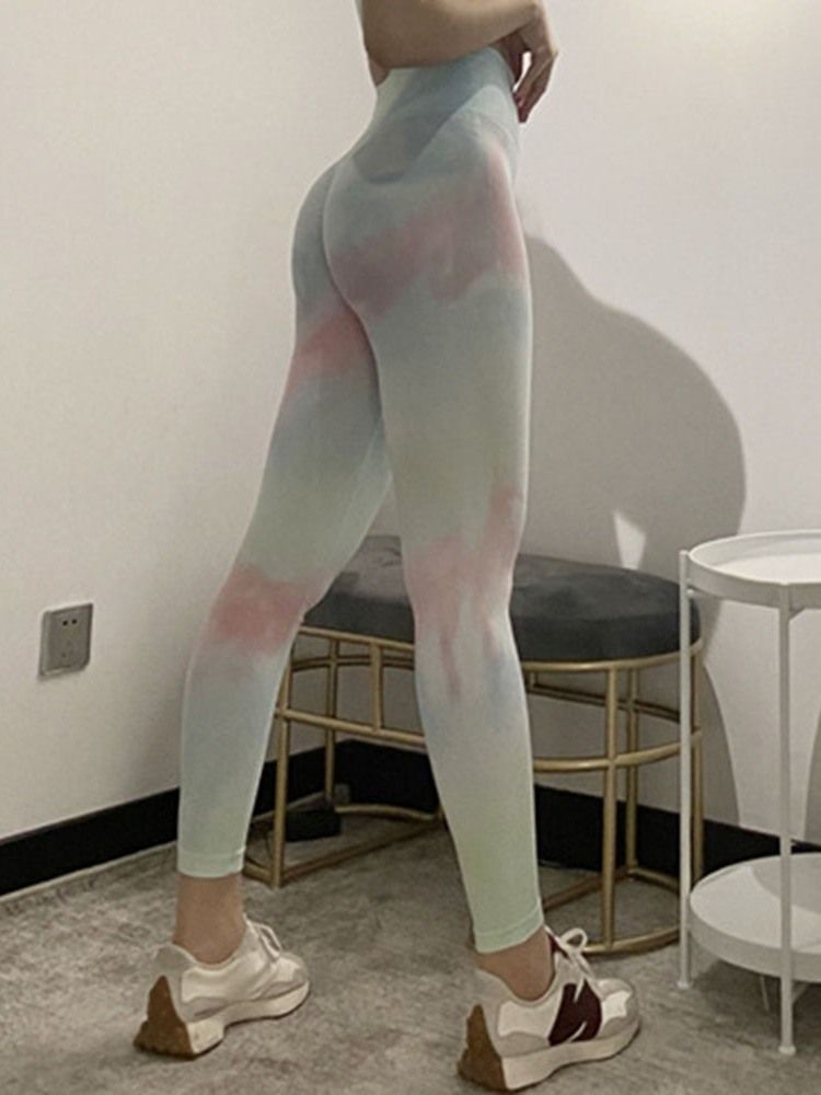 Färgblock Andningsfjädrar Ankellängd Sport Löpning Yogabyxor Tiktok Leggings Med Hög Midja