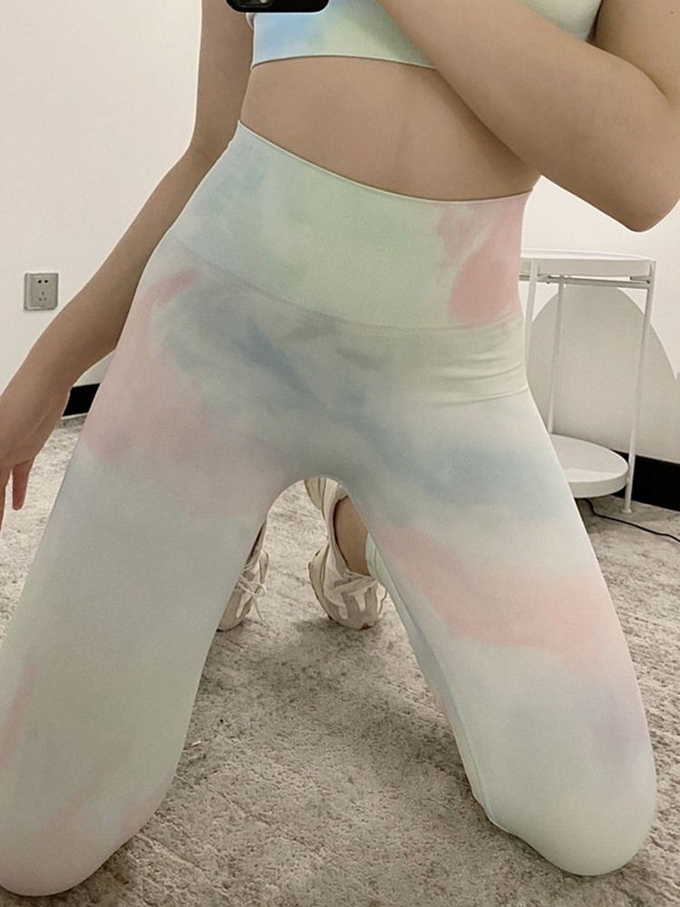 Färgblock Andningsfjädrar Ankellängd Sport Löpning Yogabyxor Tiktok Leggings Med Hög Midja