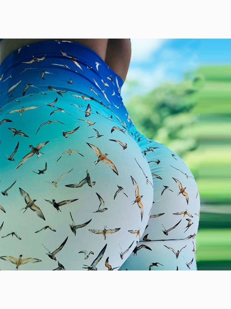 Gradient Bird Print Full Längd Dam Leggings Yoga Byxor Hög Midja Tiktok Leggings