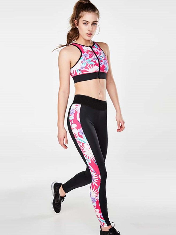 Patchwork Floral Snabbtorkande Ärmlösa Sportset I Full Längd