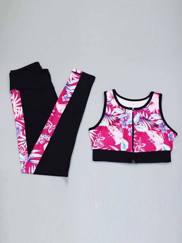Patchwork Floral Snabbtorkande Ärmlösa Sportset I Full Längd