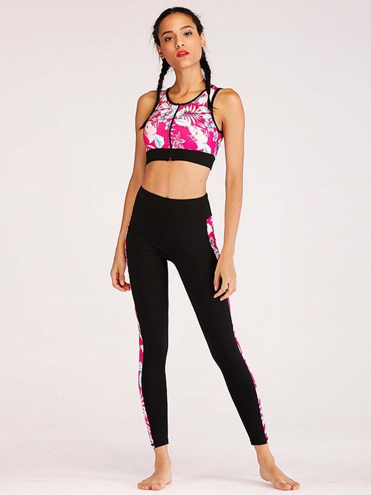 Patchwork Floral Snabbtorkande Ärmlösa Sportset I Full Längd