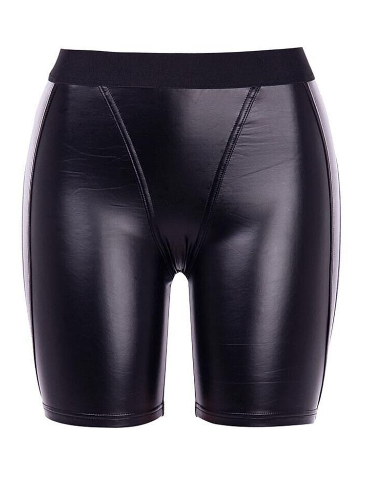 Pu Patchwork Solid Sports Shorts Yogabyxor För Kvinnor