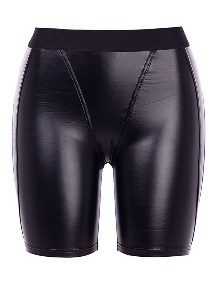 Pu Patchwork Solid Sports Shorts Yogabyxor För Kvinnor