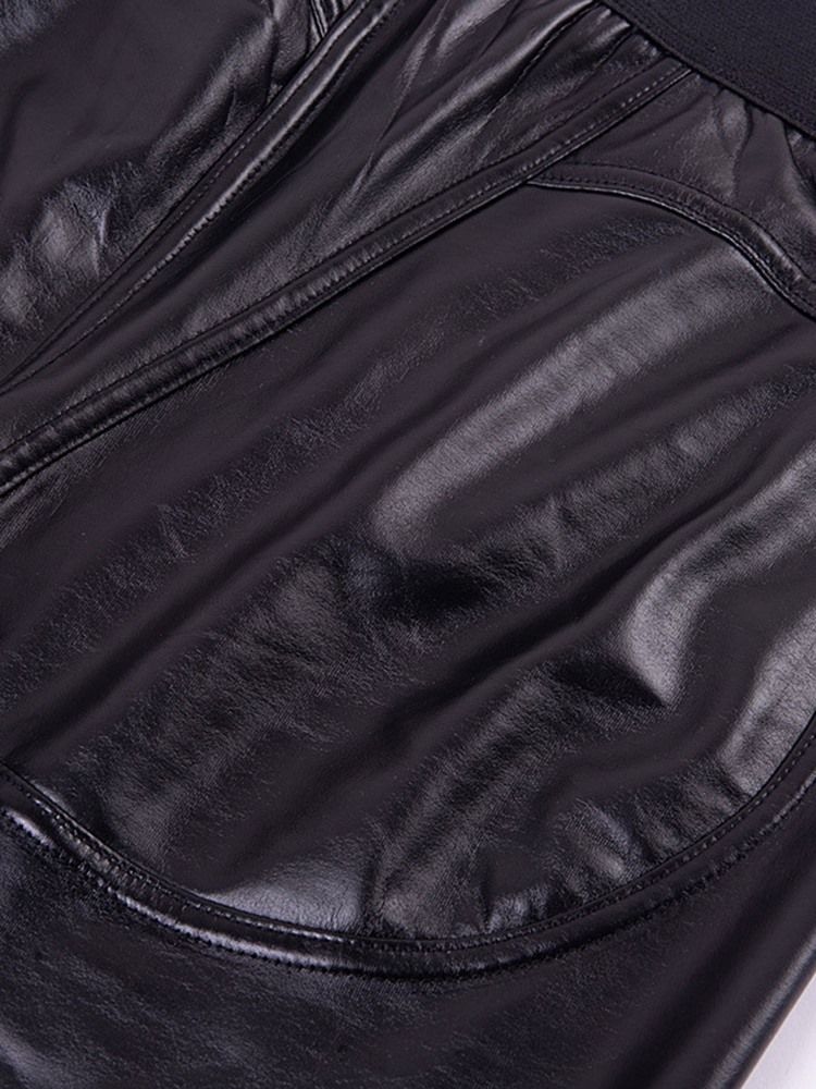 Pu Patchwork Solid Sports Shorts Yogabyxor För Kvinnor