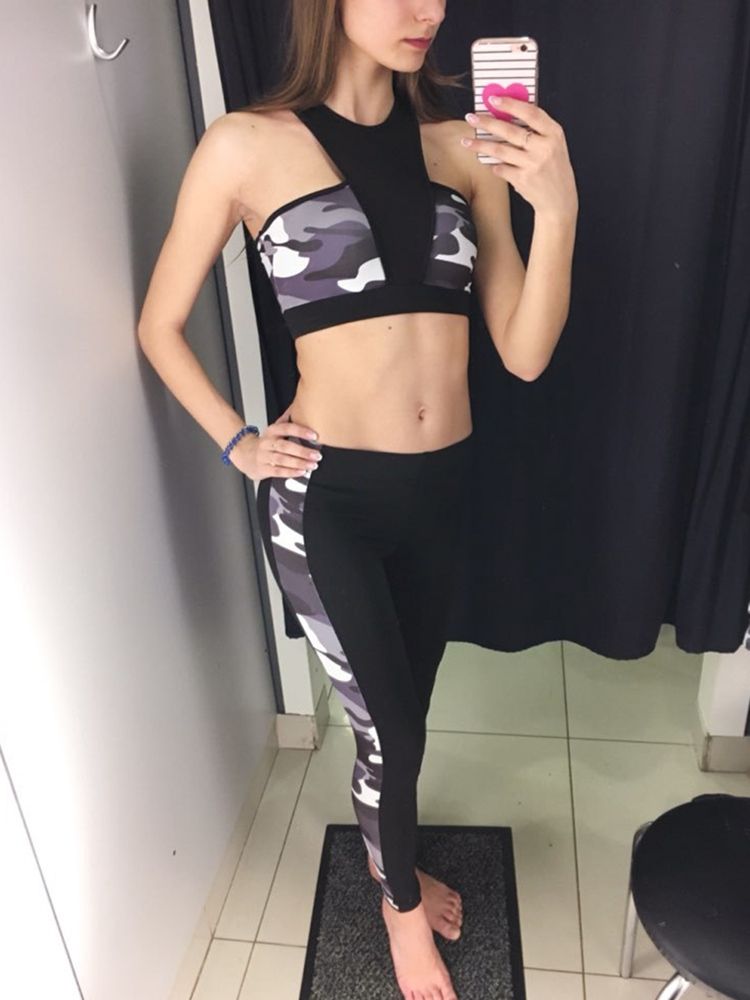 Skriv Ut Anti-Svett Camouflage Pullover Yoga Sports Set