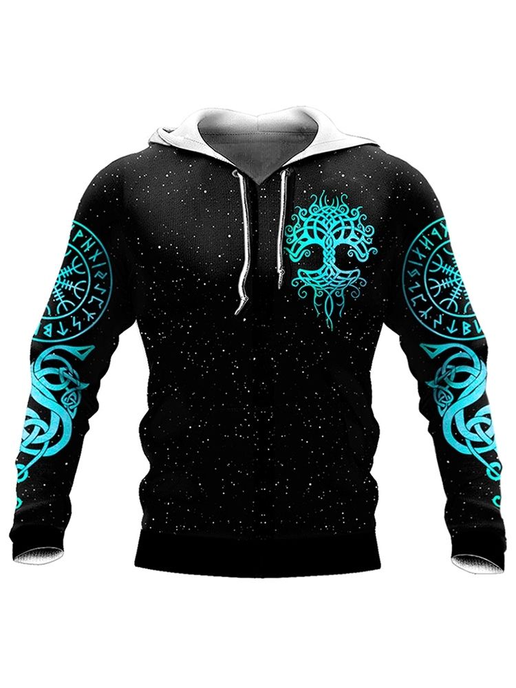 Viking Style Print Color Block Pullover Vinter Pullover Hoodies