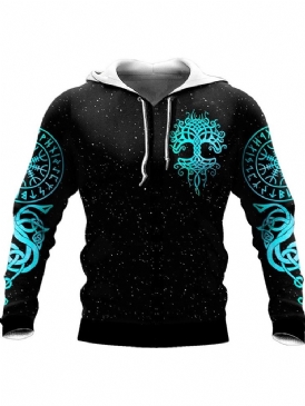 Viking Style Print Color Block Pullover Vinter Pullover Hoodies