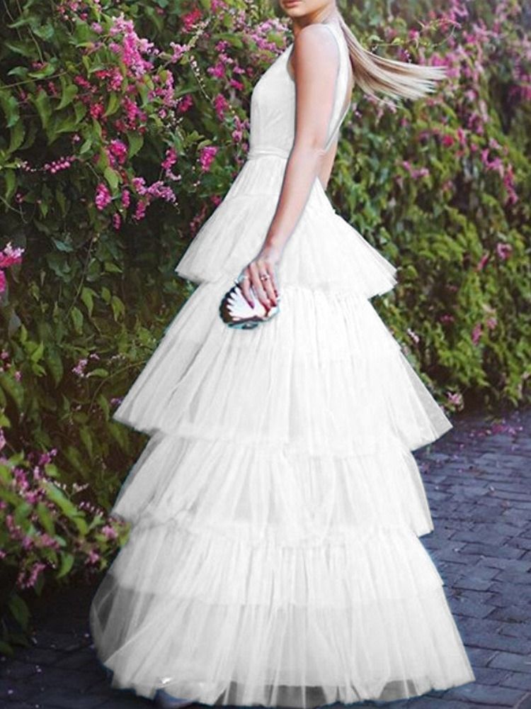 Ärmlös Falbala Golvlång High Waist Fashion Maxiklänning
